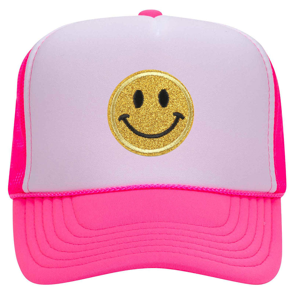 Yellow Glitter Happy Face Embroidered Foam Back High Crown Hat Trucker 5 - Men Women Neon Panel Mesh Patch and For