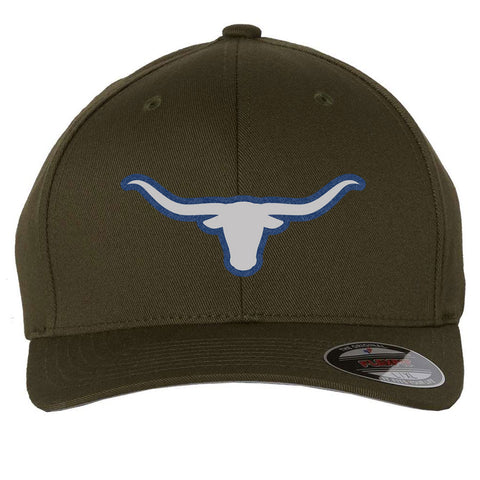 Longhorn Leatherette Patch 6 Panel Mid Profile Flexfit Closed Back Twill Cap - From Small to 2XL Big Size